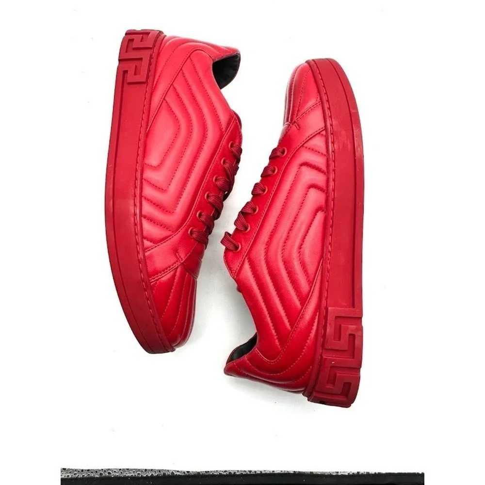 Versace Mens‎ Red Quilted Leather Medusa Greca Low Top Sneakers Shoes